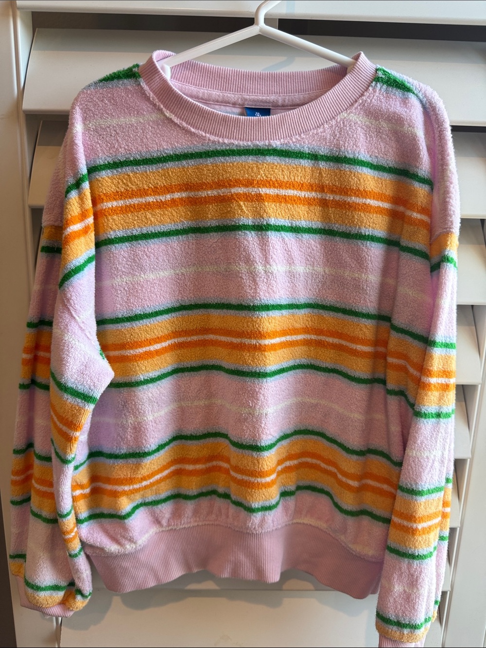 Old Navy terry Cloth Pastel Pink Crewneck with Orange and Green Stripes